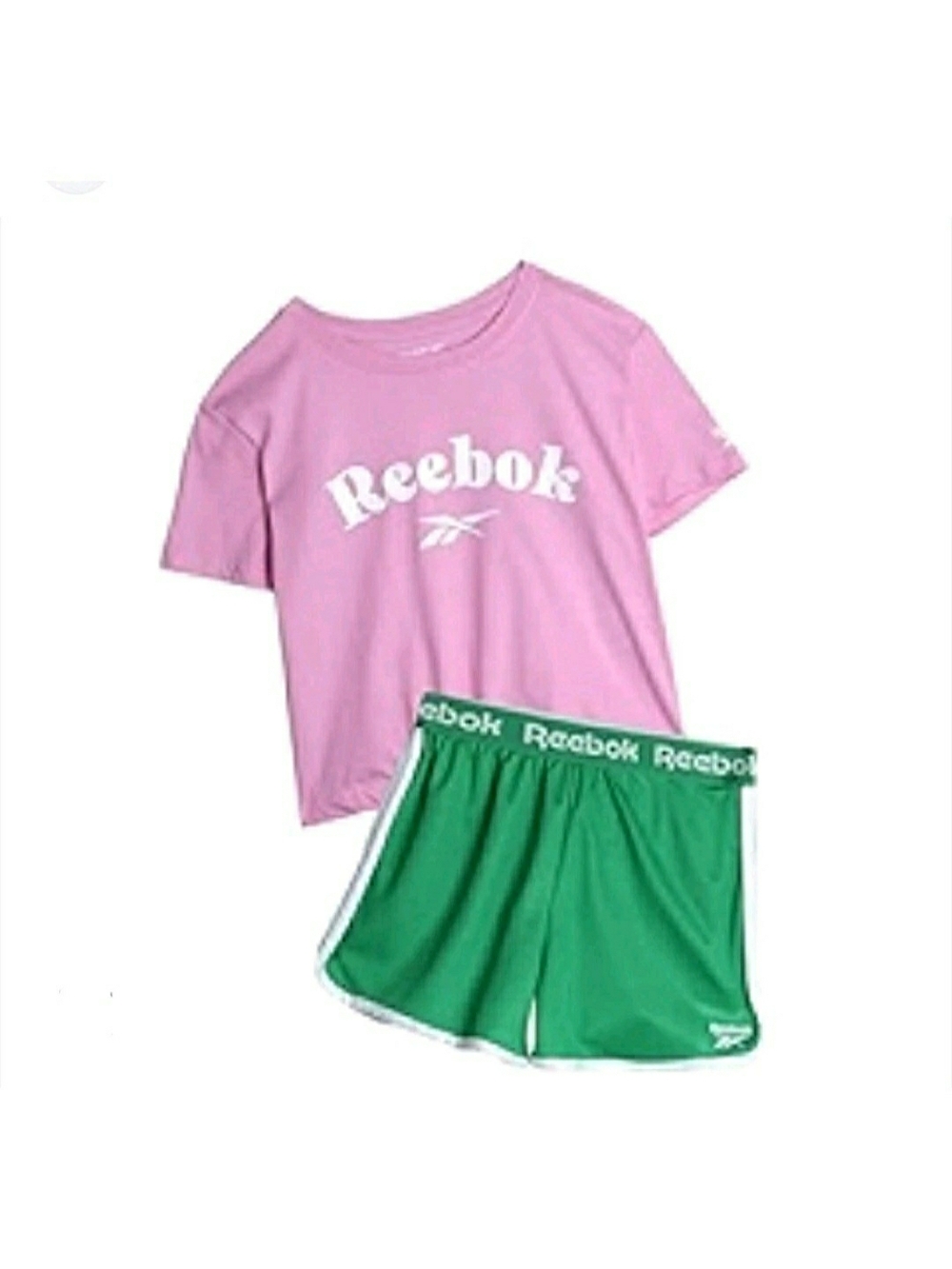 Reebok Pink Tee and Green Logo-Trim Shorts Kids Pajama Set